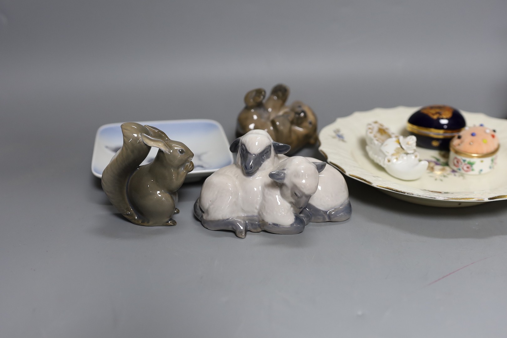 A group of various Copenhagen animals and dishes, together with Halcyon Days, Limoges and a small porcelain shoe